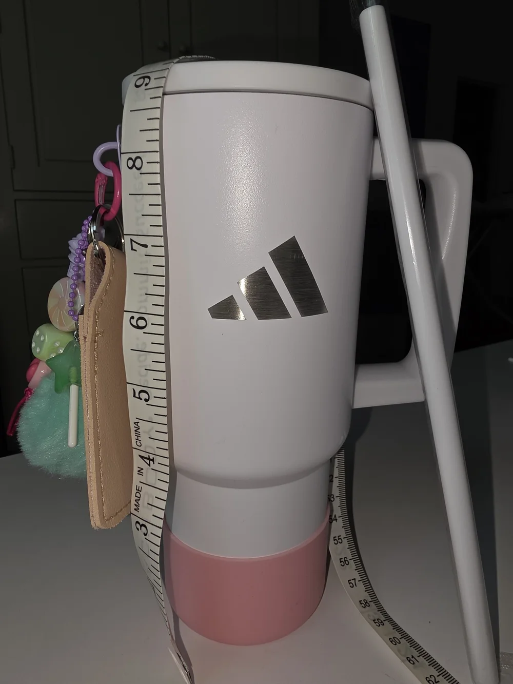Adidas Travel Water Tumbler. Includes Heart Pom Keychain & Charms